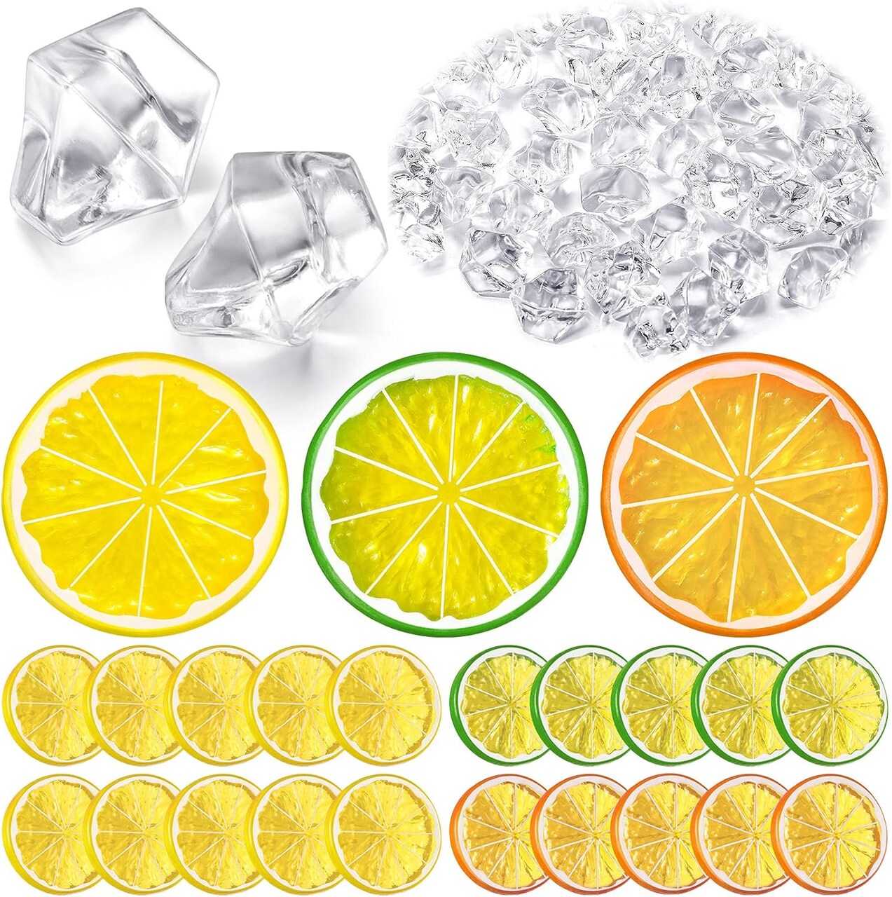 300 Pieces Clear Fake Crushed Ice Cubes Rocks and 20 Pieces Simulation Lemon Slices, Artificial Fruits and Acrylic Diamonds Clear Ice for Vase Fillers Table Centerpiece Decor Wedding (2 x 0.4 Inch)